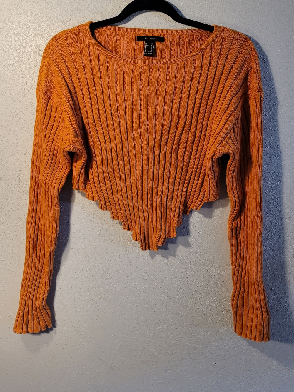 Forever 21 Orange Ribbed V-Neck Cropped Sweater